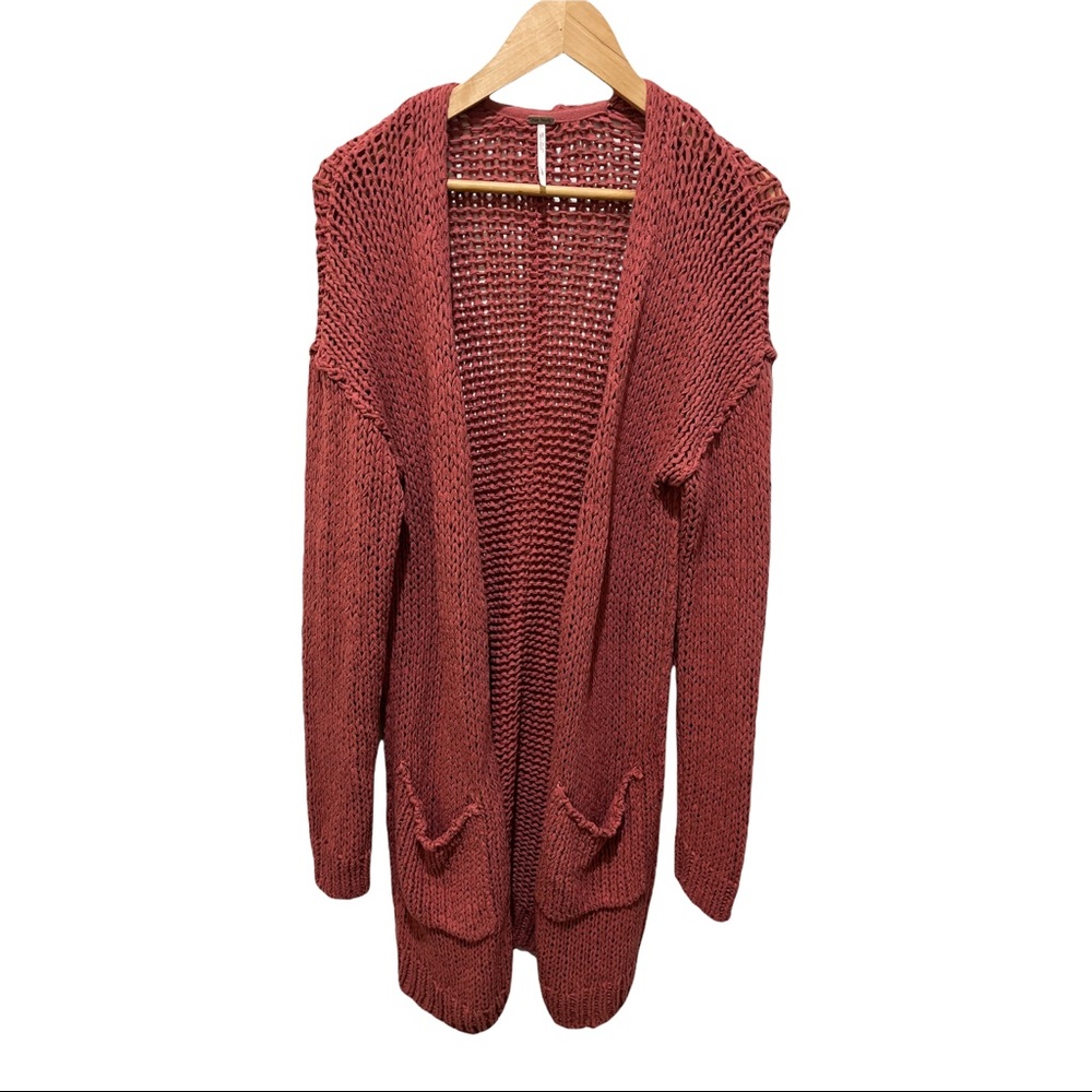 FREE PEOPLE RUSTIC NUDE CROCHET KNIT OPEN FRONT LONG CARDIGAN LS SWEATER SZ LRG